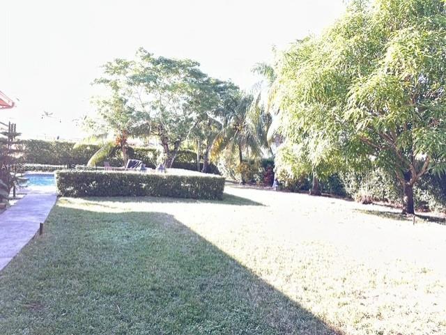 A grassy backyard features a manicured hedge, mature trees, and a glimpse of a pool — 10601 SW 128th St, Miami FL 33176, MIAMI, FL