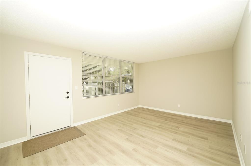 An empty room features light-colored wood-look flooring, beige walls, and a white front door — 4705 1ST STREET NE UNIT 132, ST PETERSBURG, FL