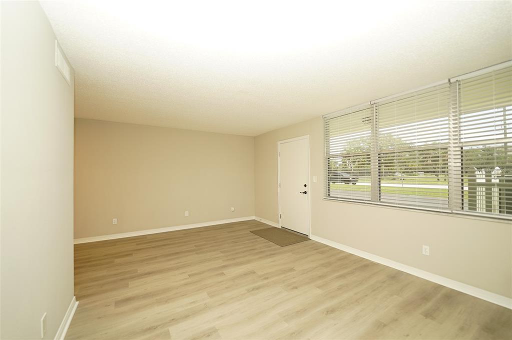An empty living room features light-colored wood-look flooring, beige walls, and a large window — 4705 1ST STREET NE UNIT 132, ST PETERSBURG, FL