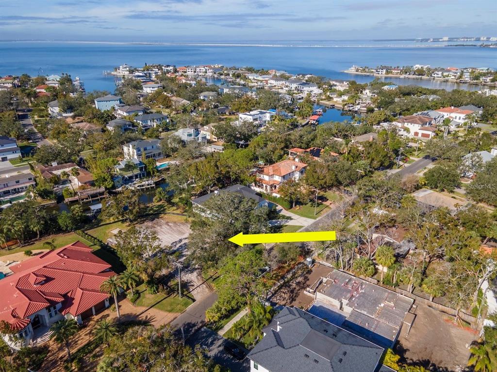 An aerial view shows a vacant lot with a large tree surrounded by residential homes — 2609 N DUNDEE STREET, TAMPA, FL