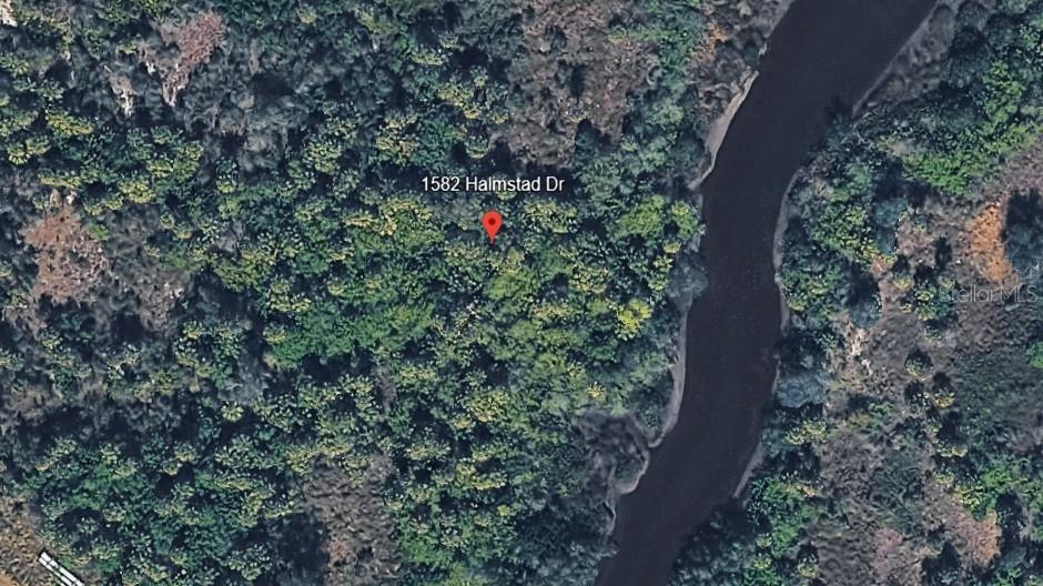 This is an aerial map view of a heavily wooded lot bordering a river — 1582 HALMSTAD DRIVE, PUNTA GORDA, FL