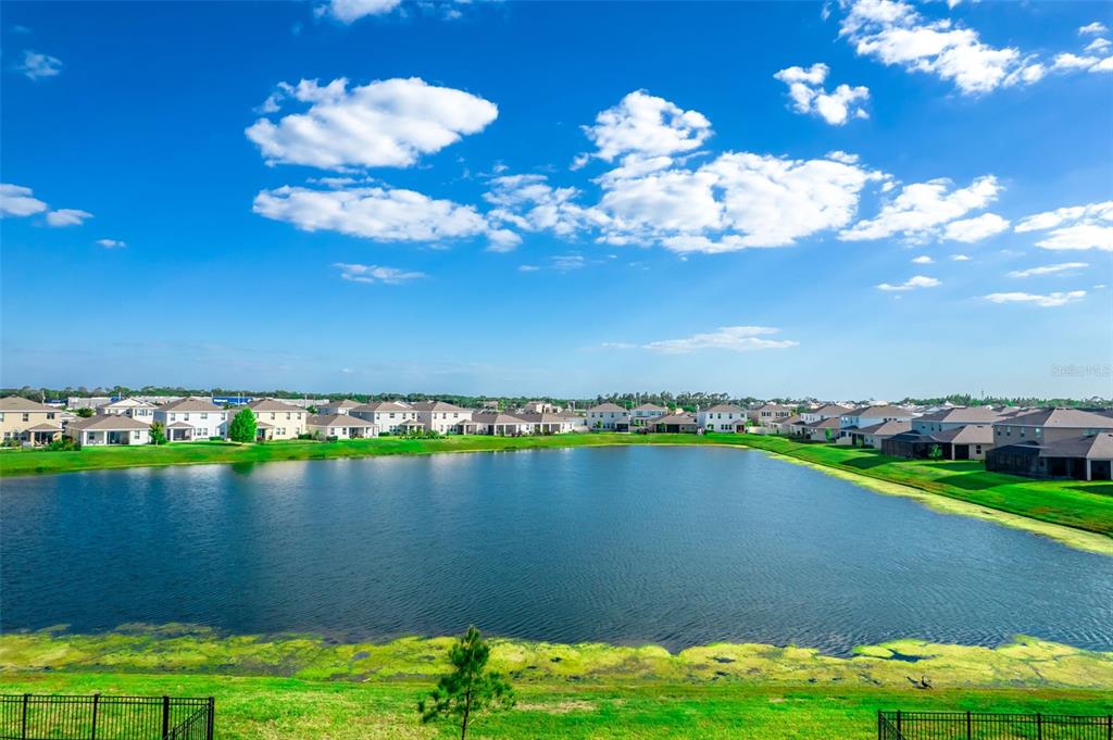 A view of a suburban neighborhood featuring houses surrounding a large retention pond — 176 BRIGHT IBIS AVENUE, APOLLO BEACH, FL