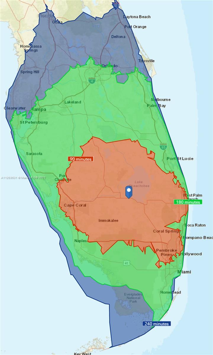 This map displays travel time zones from a central point in Florida by driving duration — 6120 W US 27, Clewiston FL 33440, CLEWISTON, FL