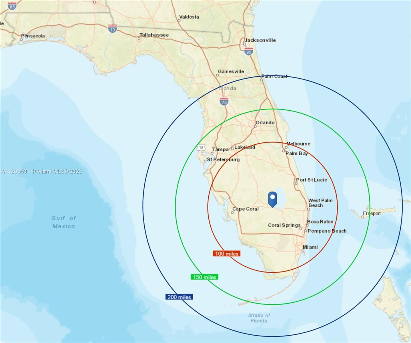 This map shows concentric circles representing 100, 150, and 200-mile radii from a central point — 6120 W US 27, Clewiston FL 33440, CLEWISTON, FL