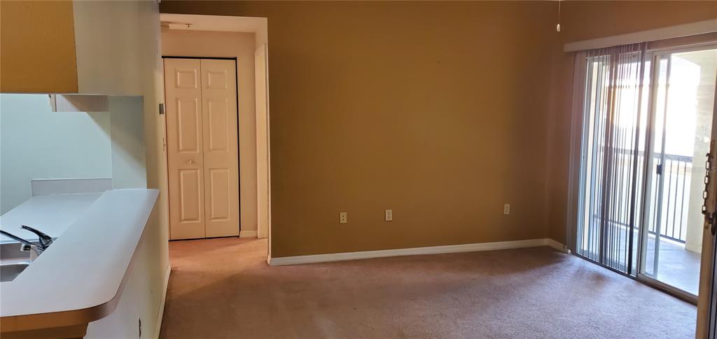 An interior view shows a carpeted living area with a sliding glass door and kitchen counter — 5620 PINNACLE HEIGHTS CIRCLE UNIT 304, TAMPA, FL