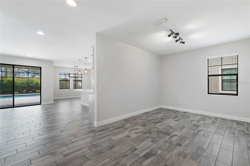 An open-concept room with gray wood-look tile flooring, a track light, and a sliding door — 13000 BURNS DRIVE, ODESSA, FL