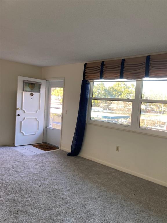 A living room features beige carpet, a white front door, and a window with curtains — 5750 80TH STREET N UNIT C202, ST PETERSBURG, FL