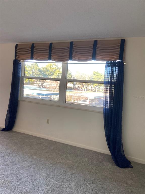 A room with gray carpet, white walls, and a window featuring blue curtains and valances — 5750 80TH STREET N UNIT C202, ST PETERSBURG, FL