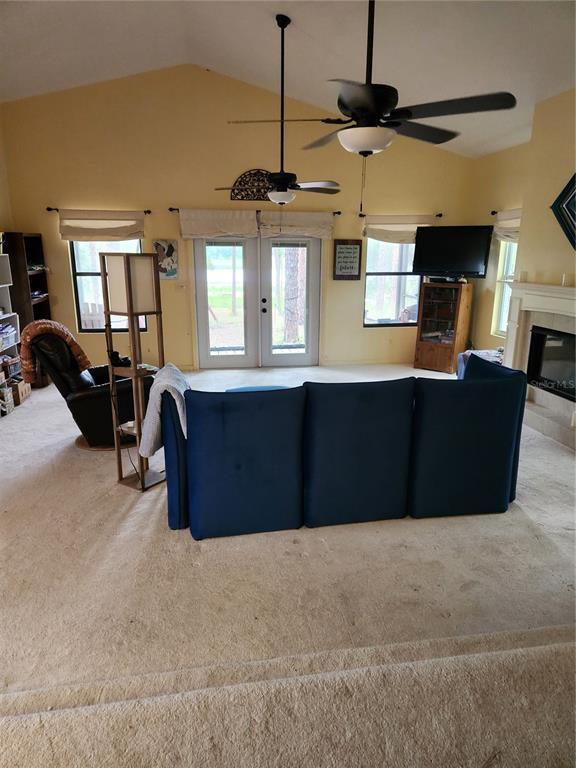 A living room with yellow walls, a vaulted ceiling, carpeted floors, and a lake view — 235 ASHLEY LAKE DRIVE, MELROSE, FL