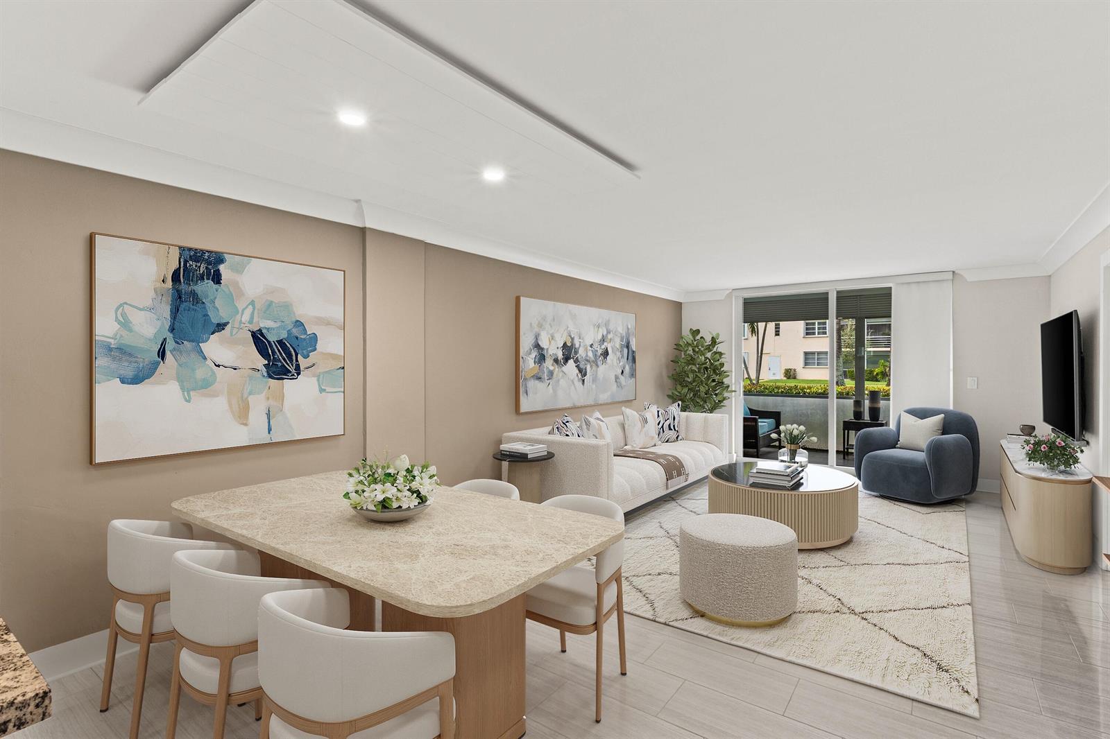 A modern living and dining room with neutral walls, light flooring, and a sliding glass door — 4502 N Federal Highway # 144e, Lighthouse Point FL 33064, LIGHTHOUSE POINT, FL
