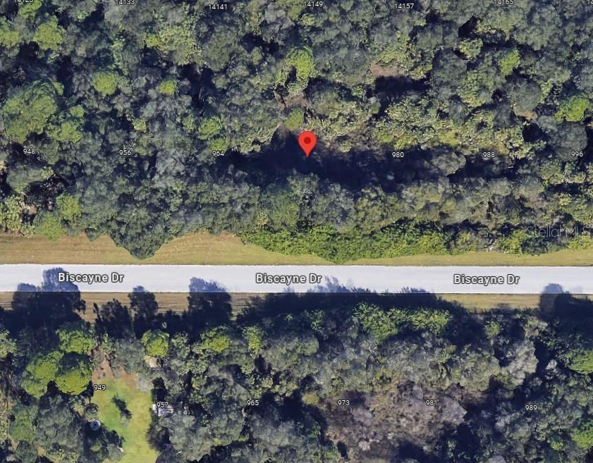 This is an aerial map view of a wooded lot located along a paved road — 972 BISCAYNE DRIVE, PORT CHARLOTTE, FL