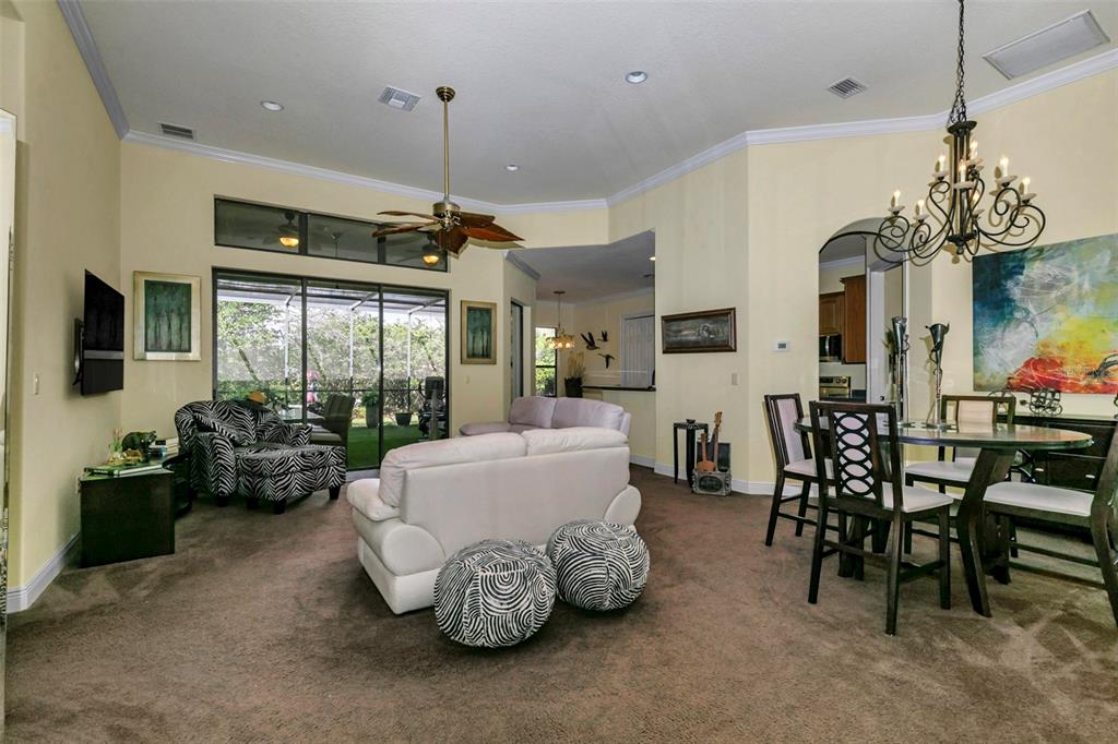 A living and dining area with brown carpet, light yellow walls, and zebra-patterned furniture — 5203 GROVE MANOR, LADY LAKE, FL