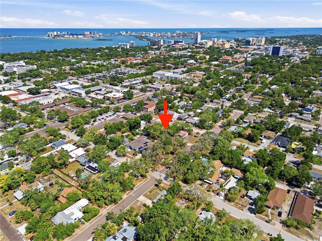 An aerial view shows a wooded residential lot marked by a red arrow — 831 GRAND CENTRAL STREET, CLEARWATER, FL