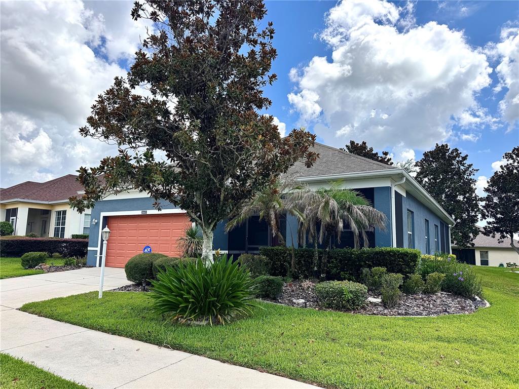 A blue house with a coral garage door and a large tree in the front yard — 3447 MOUNT HOPE LOOP, LEESBURG, FL