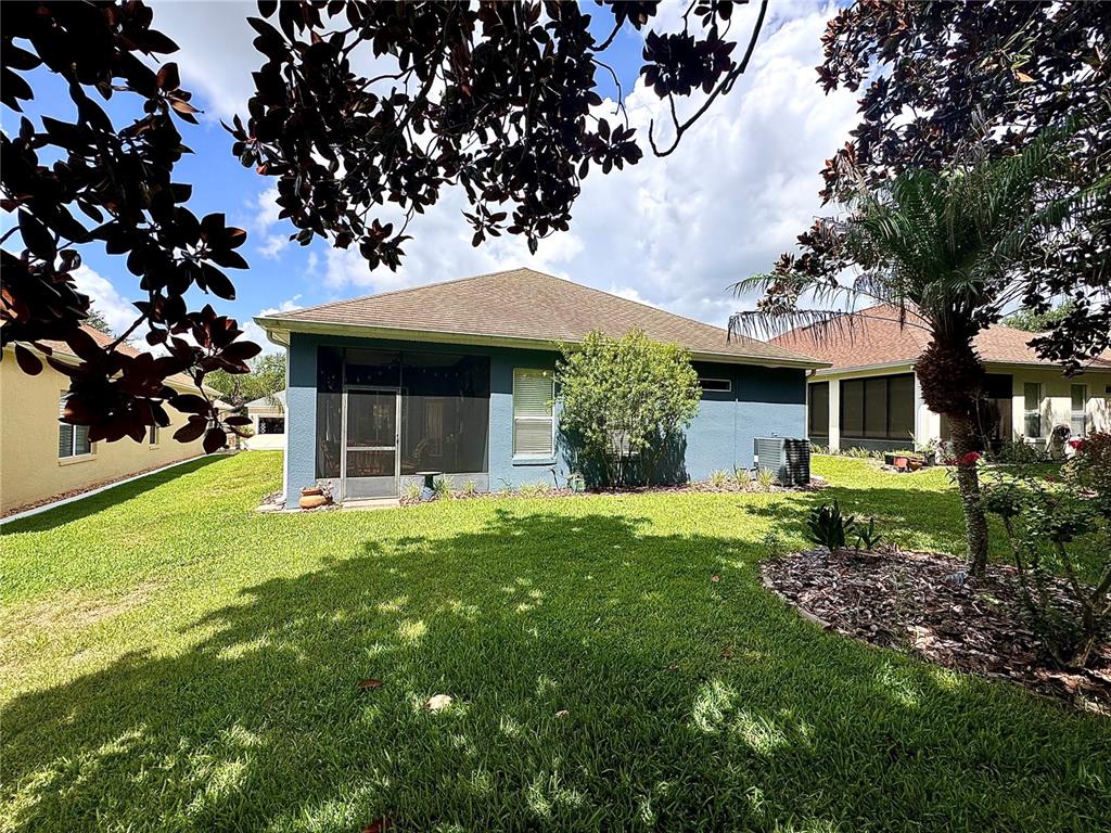 The backyard of a blue house features a screened-in porch and a palm tree — 3447 MOUNT HOPE LOOP, LEESBURG, FL