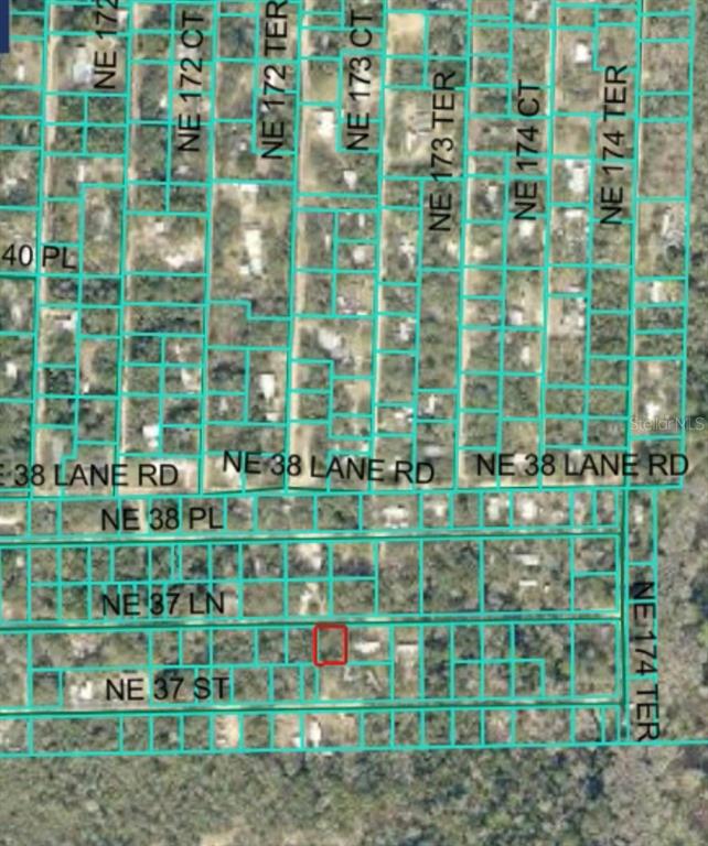 This is an aerial map showing property parcel boundaries and street names in a residential area — 17320 NE 37TH LANE, SILVER SPRINGS, FL