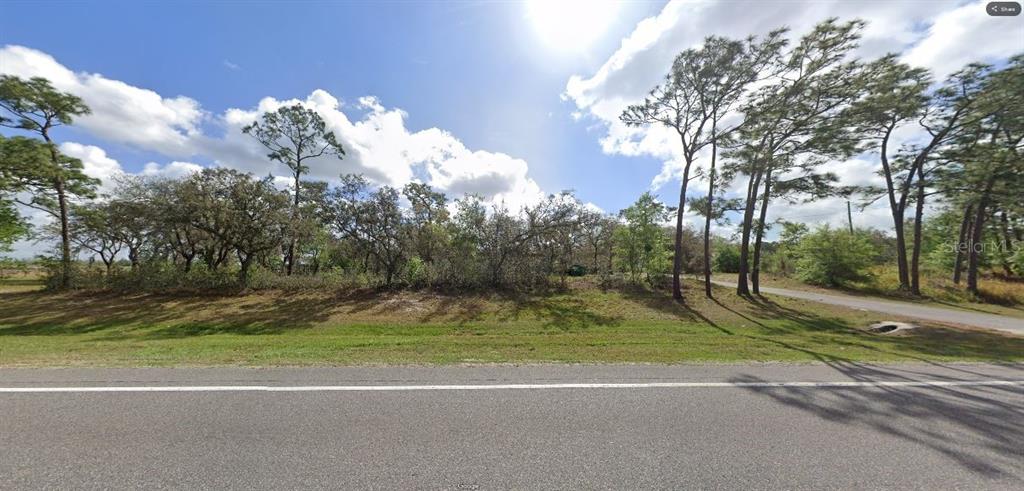 A paved road runs in front of a grassy, tree-lined vacant lot under a sunny sky — COMMONWEALTH AVENUE N, POLK CITY, FL