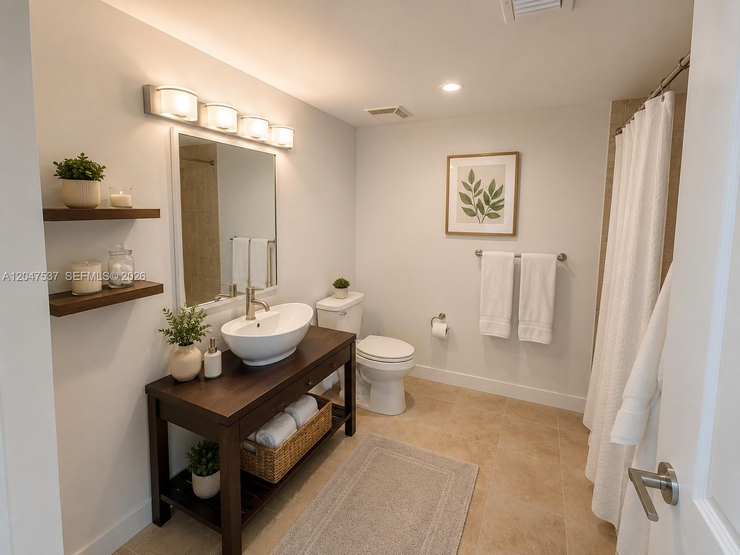 A bathroom features a dark wood vanity with a vessel sink, floating shelves, and a shower — 350 S Miami Ave # 3304, Miami FL 33130, MIAMI, FL