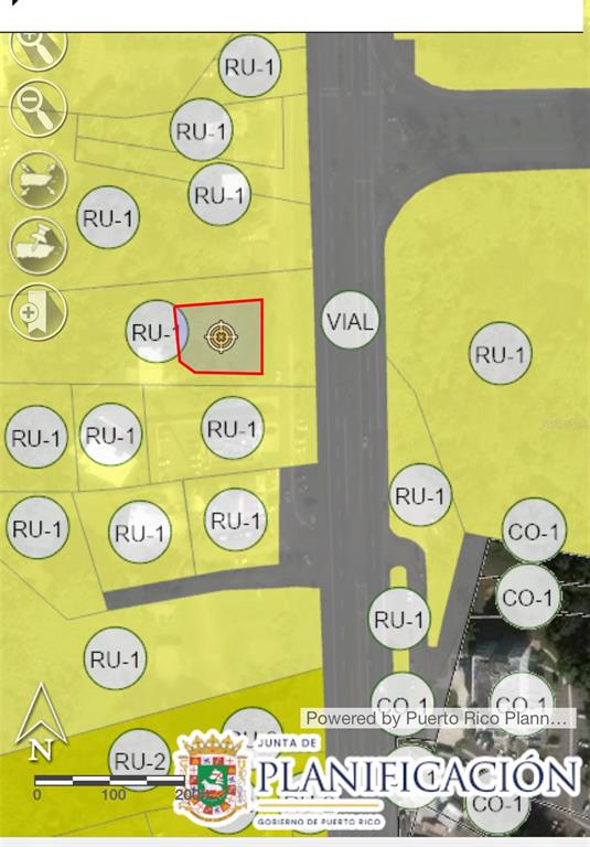 This is a zoning map showing a highlighted property parcel labeled RU-1 in Puerto Rico — ROAD 2 KM 150.6, MAYAGUEZ, PR