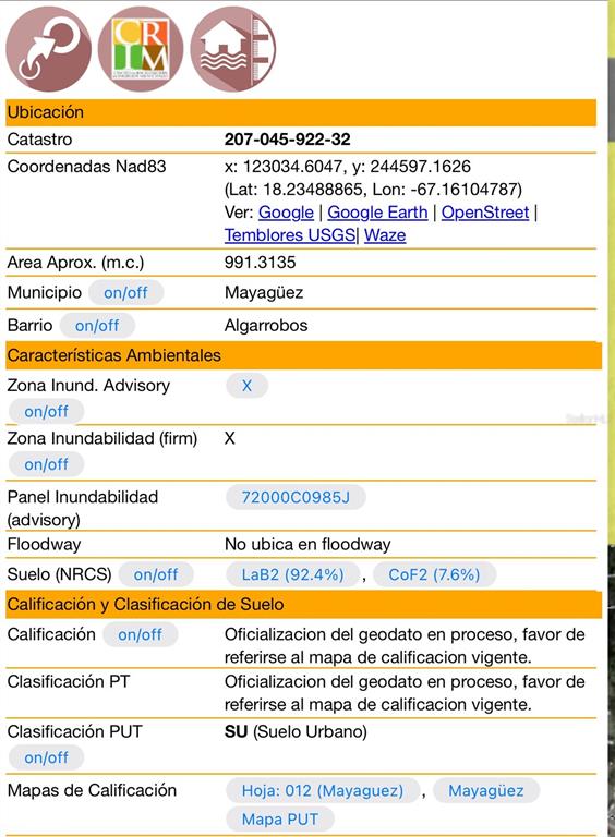 This image shows a digital property information sheet containing location, environmental, and zoning data — ROAD 2 KM 150.6, MAYAGUEZ, PR