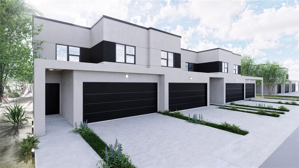A rendering of a modern townhome complex featuring light-colored stucco, black garage doors, and landscaping — 5750 CYRILS ROAD TH FL LOT 17, ST CLOUD, FL