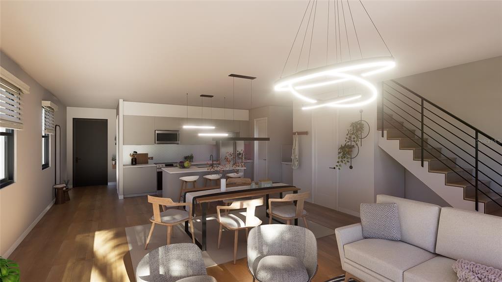 This is a rendering of an open-concept living, dining, and kitchen area with modern finishes — 5750 CYRILS ROAD TH FL LOT 17, ST CLOUD, FL