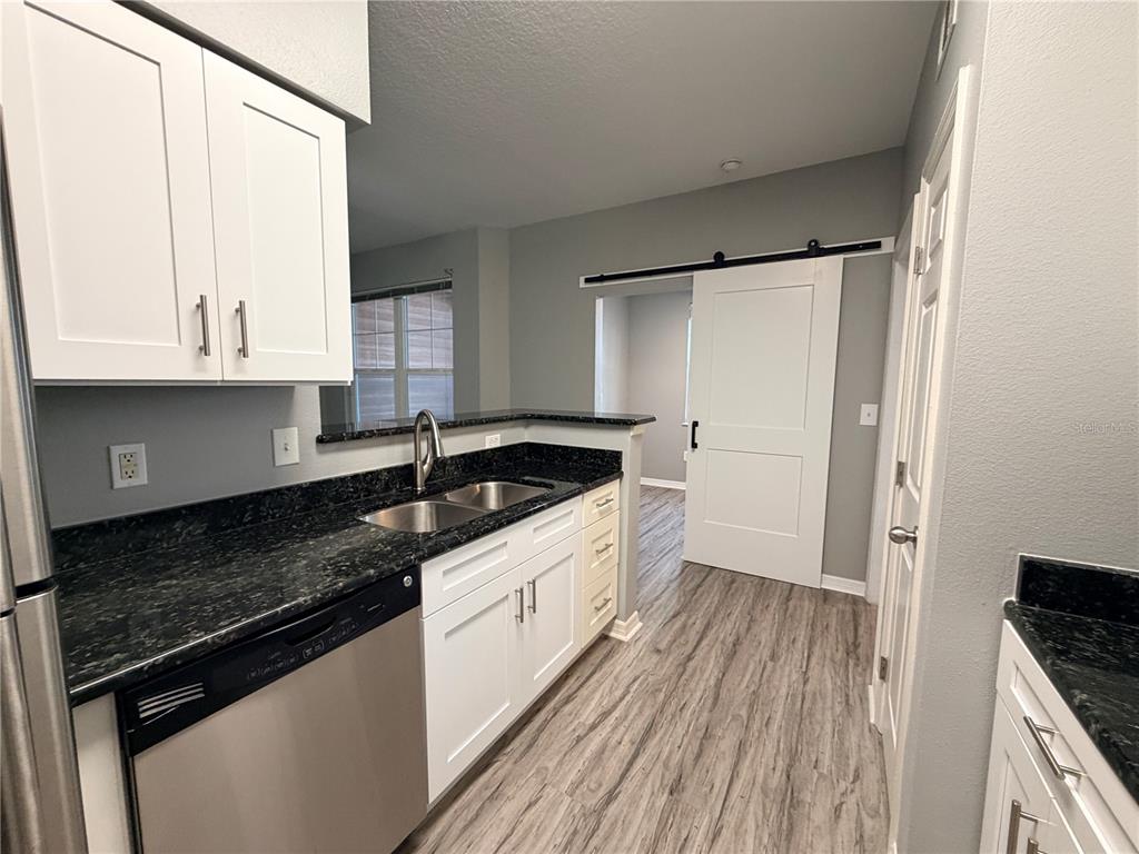 A kitchen with white cabinets, dark granite countertops, stainless steel appliances, and a sliding barn door — 1810 E PALM AVENUE UNIT 5114, TAMPA, FL