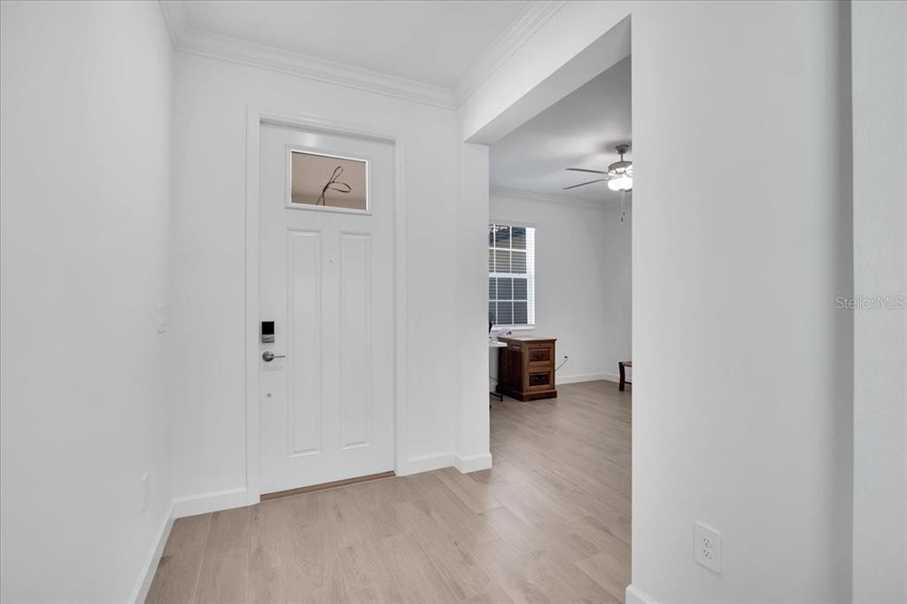 A white front door opens into a foyer with light wood-look flooring and crown molding — 17410 HOLLY WELL AVENUE, WIMAUMA, FL