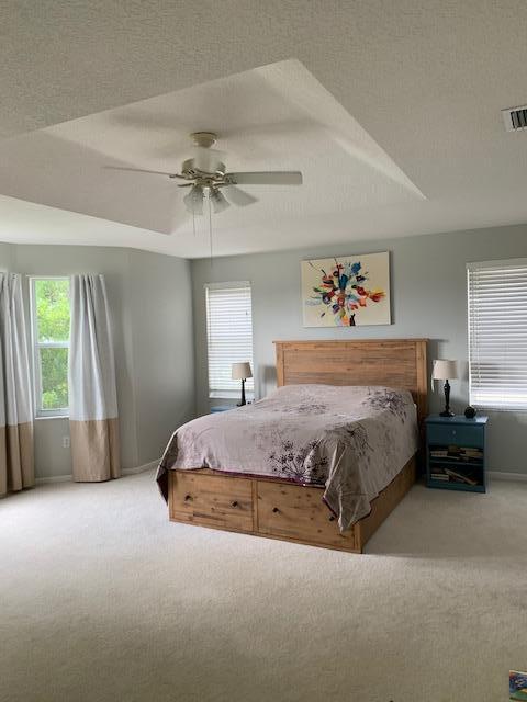 A bedroom with a tray ceiling, ceiling fan, wooden bed frame, and two windows — 9019 Alexandra Circle, Wellington FL 33414, WELLINGTON, FL