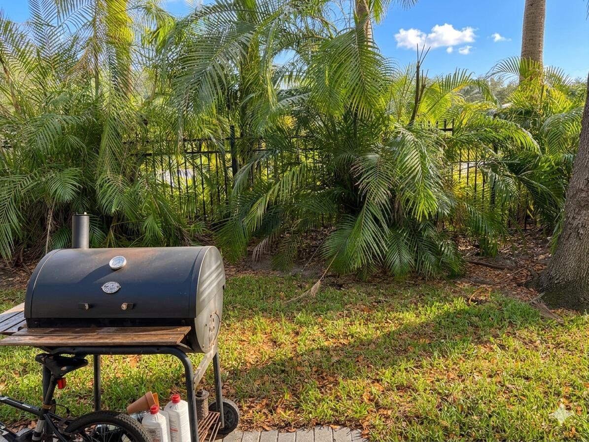 A black charcoal grill sits on a patio in front of a lush palm hedge — 3731 Sonoma Drive, Riviera Beach FL 33404, RIVIERA BEACH, FL