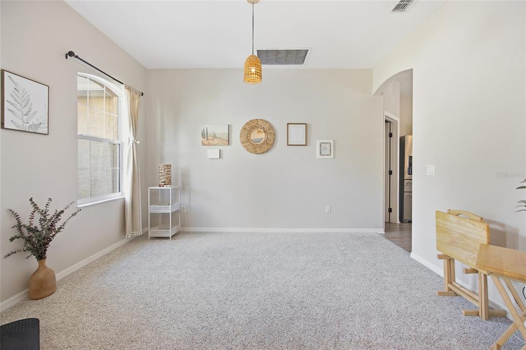 A carpeted dining room features a pendant light, a window with curtains, and wall decor — 11578 SW 50TH CIRCLE, OCALA, FL