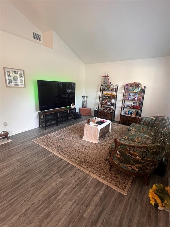 A living room features a vaulted ceiling, wood-look flooring, a large area rug, and shelving — 10444 SE 126TH STREET, BELLEVIEW, FL