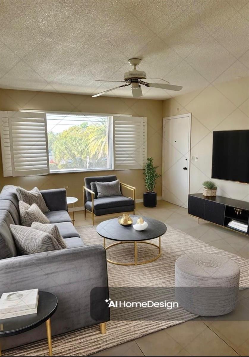 This is an AI-generated rendering of a modern living room featuring a gray sofa and chairs — 350 S Cypress Road # 522, Pompano Beach FL 33060, POMPANO BEACH, FL