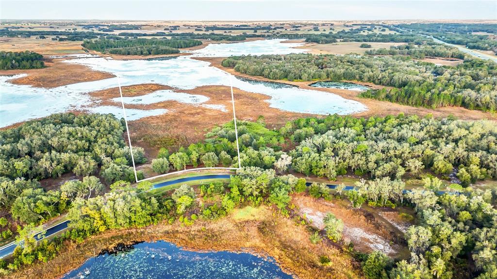 An aerial view shows a wooded lot bordering a marshy wetland and a small pond — 3106 BRIGHT LAKE CIRCLE, GROVELAND, FL
