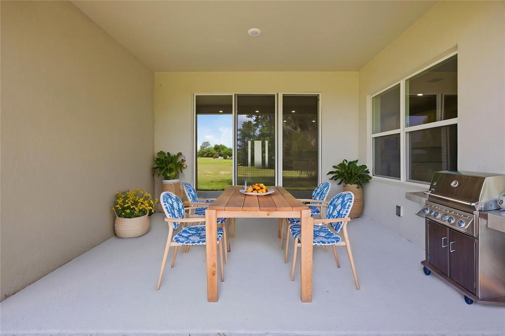 A covered patio features a wooden dining table, four patterned chairs, and a stainless grill — 464 N CHERRY POP DRIVE, INVERNESS, FL