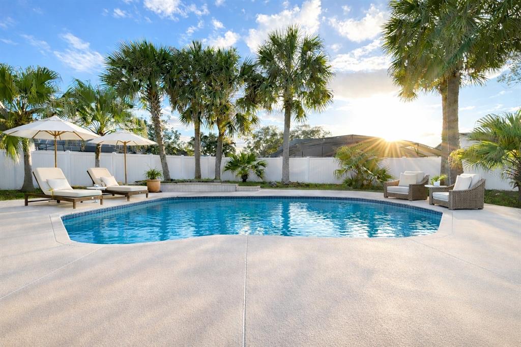 A backyard swimming pool with lounge chairs, umbrellas, and palm trees under a sunny sky — 1702 CYPRESS RIDGE DRIVE, ORLANDO, FL