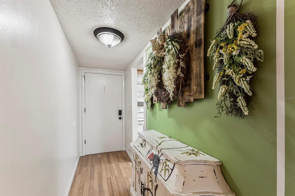 An entryway features a green accent wall, a decorative console table, and a white door — 4015 LAKE BAYSHORE DRIVE UNIT 108, BRADENTON, FL