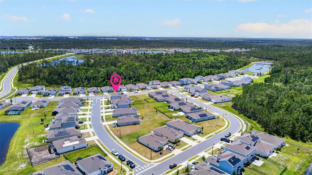 This aerial view shows a suburban neighborhood with single-family homes and a pink location marker — 223 WINGED FOOT LANE, DAYTONA BEACH, FL