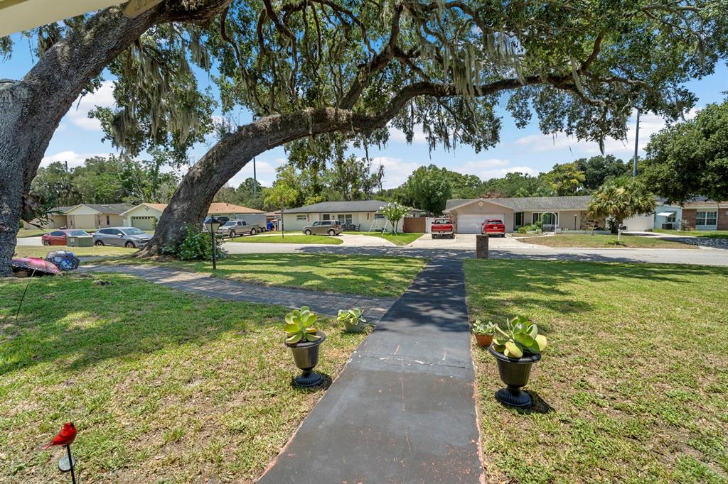 A view from a front porch looking out at a suburban street with mature trees — 802 HASTINGS DRIVE, KISSIMMEE, FL