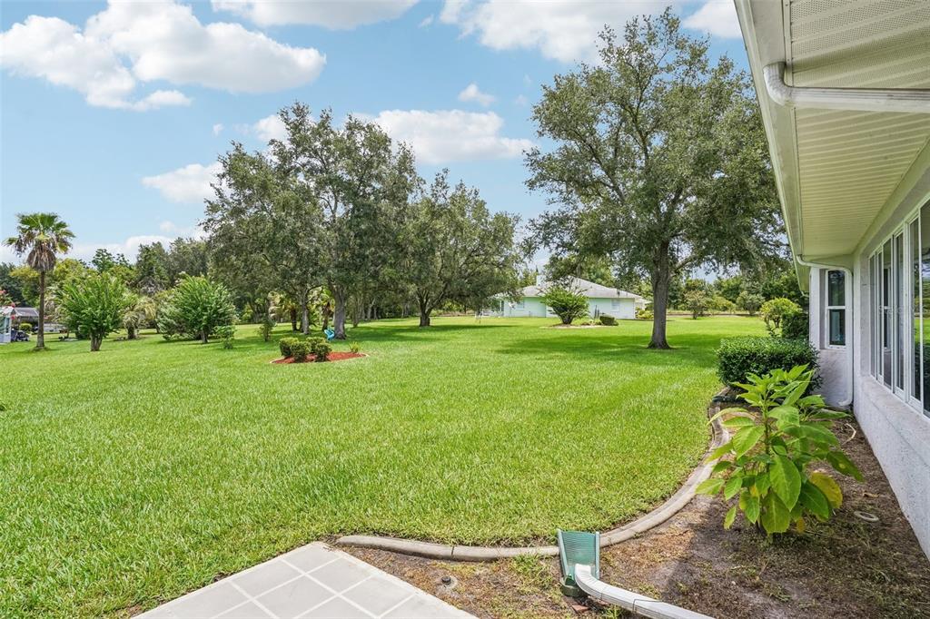 A wide, grassy backyard features mature trees, a patio, and a view of a neighboring house — 6407 TILDON COURT, LEESBURG, FL
