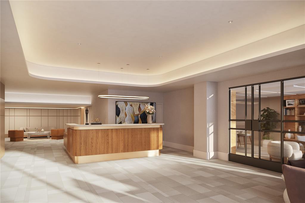 This is a rendering of a modern lobby featuring a wood-paneled reception desk and recessed lighting — 268 AVENIDA JUAN PONCE DE LEON UNIT 1201, SAN JUAN, PR