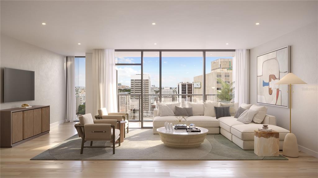This rendering shows a modern living room with a sectional sofa, armchairs, and floor-to-ceiling windows — 268 AVENIDA JUAN PONCE DE LEON UNIT 1201, SAN JUAN, PR