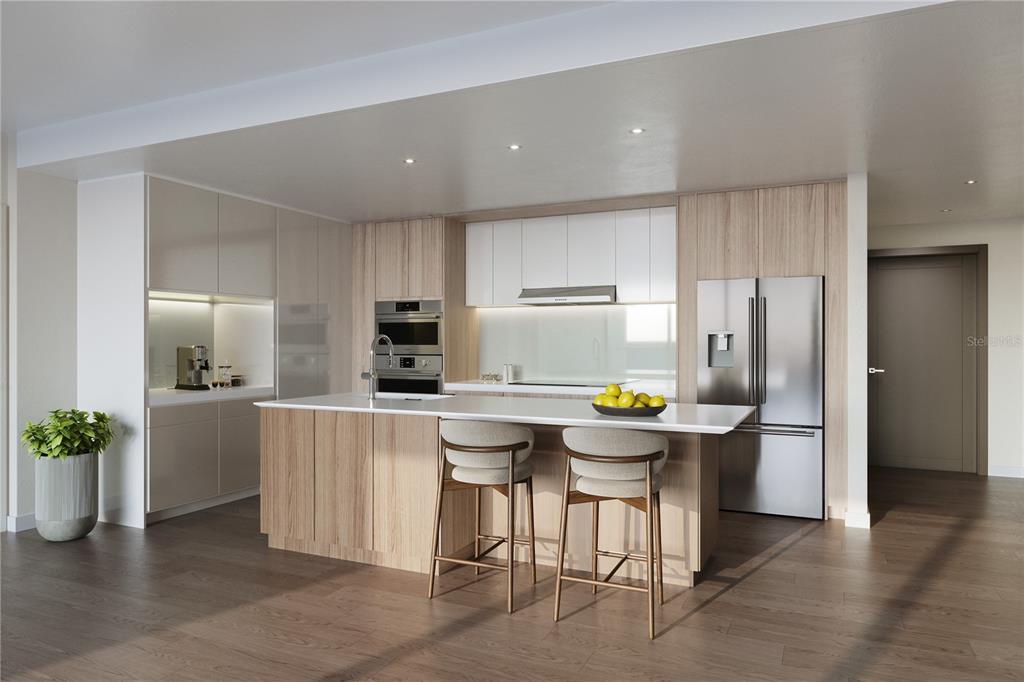 This is a rendering of a modern kitchen featuring wood cabinetry, a white island, and appliances — 268 AVENIDA JUAN PONCE DE LEON UNIT 1201, SAN JUAN, PR