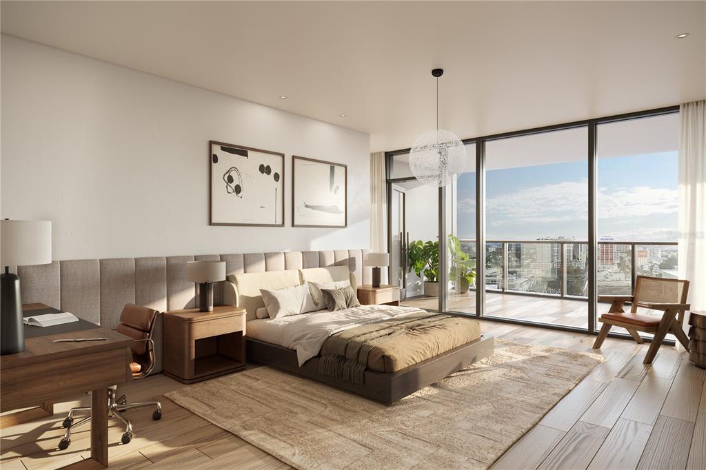 This rendering shows a modern bedroom with a balcony, floor-to-ceiling windows, and wood flooring — 268 AVENIDA JUAN PONCE DE LEON UNIT 1201, SAN JUAN, PR