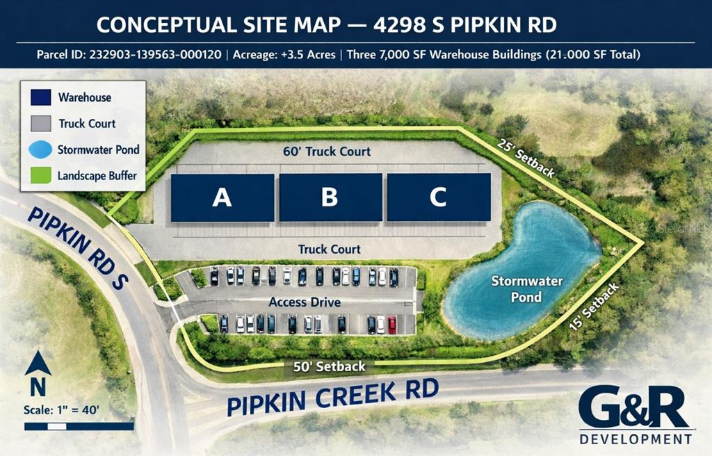 This is a conceptual site map showing three warehouse buildings, parking, and a stormwater pond — 4298 S PIPKIN ROAD, LAKELAND, FL