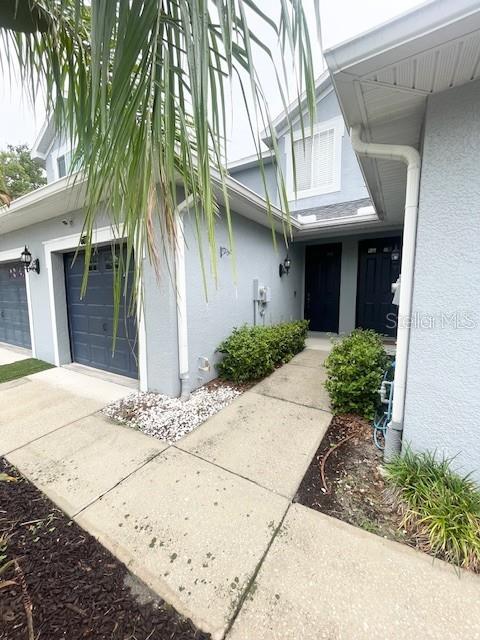 A view of a light blue house exterior with a garage and front entrance — 6012 PARKSIDE MEADOW DRIVE, TAMPA, FL