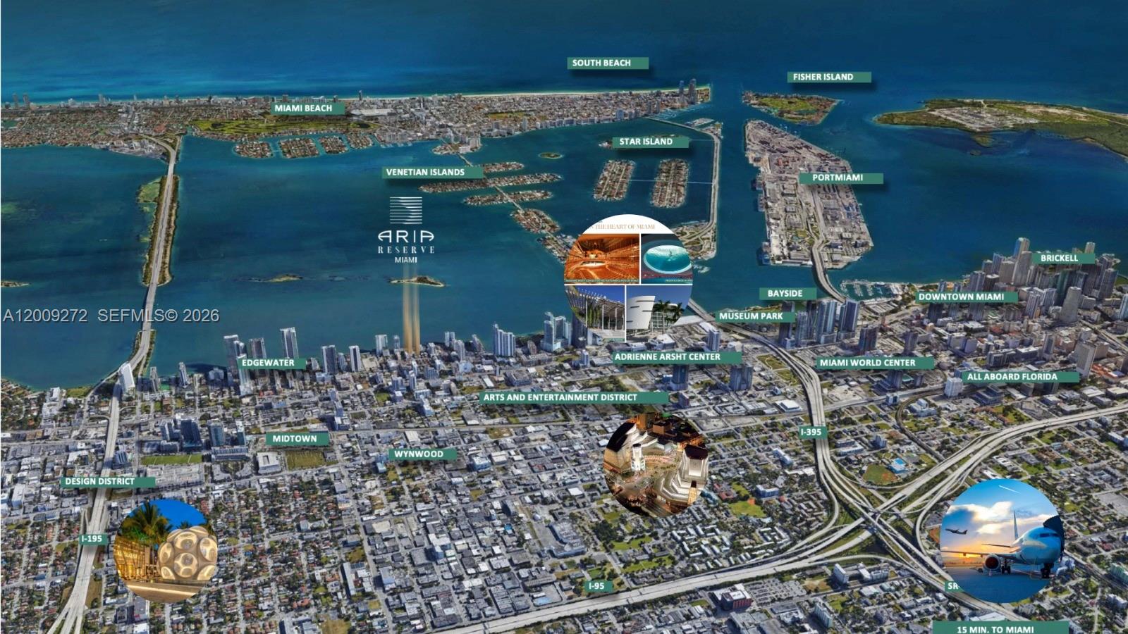 This aerial rendering shows the Aria Reserve Miami development and surrounding city landmarks — 700 NE 24 St # 3903, Miami FL 33137, MIAMI, FL