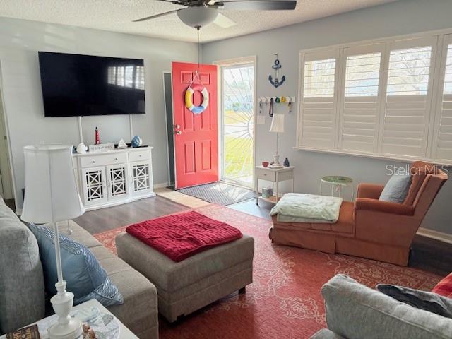 A living room features a red front door, a large television, and a coral rug — 9427 SE 174TH PLACE ROAD, SUMMERFIELD, FL