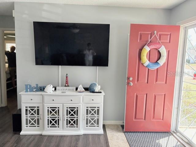 A wall-mounted television sits above a white cabinet next to a red front door — 9427 SE 174TH PLACE ROAD, SUMMERFIELD, FL
