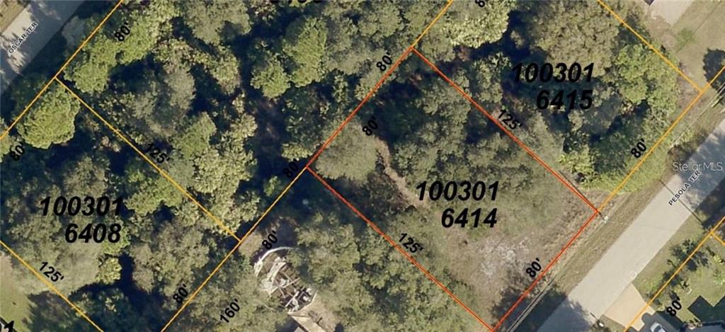 This is an aerial map showing property lot lines and dimensions for several wooded parcels — PESOLA TERRACE, NORTH PORT, FL